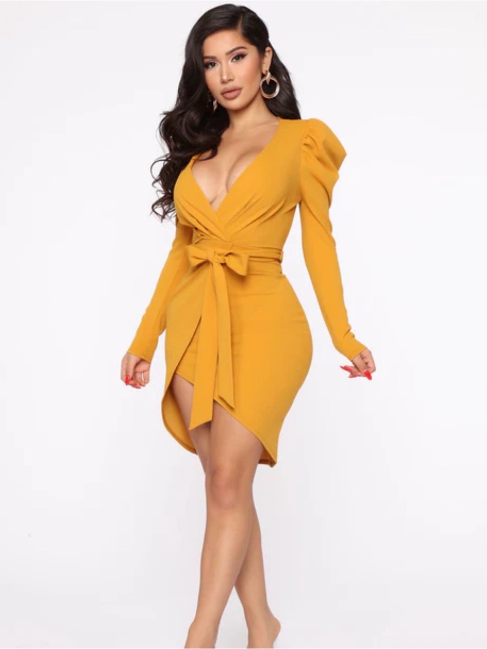 Fashion Nova Mustard Wrap Mini Dress with Tie Waist